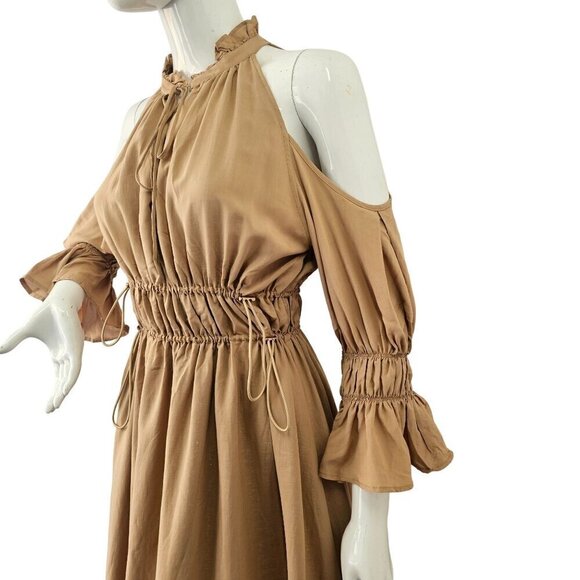 SHEIN Premium Gatherd Flowy Midi Dress Women S Cold Shoulder Halter Neck Tan NEW - Picture 8 of 8